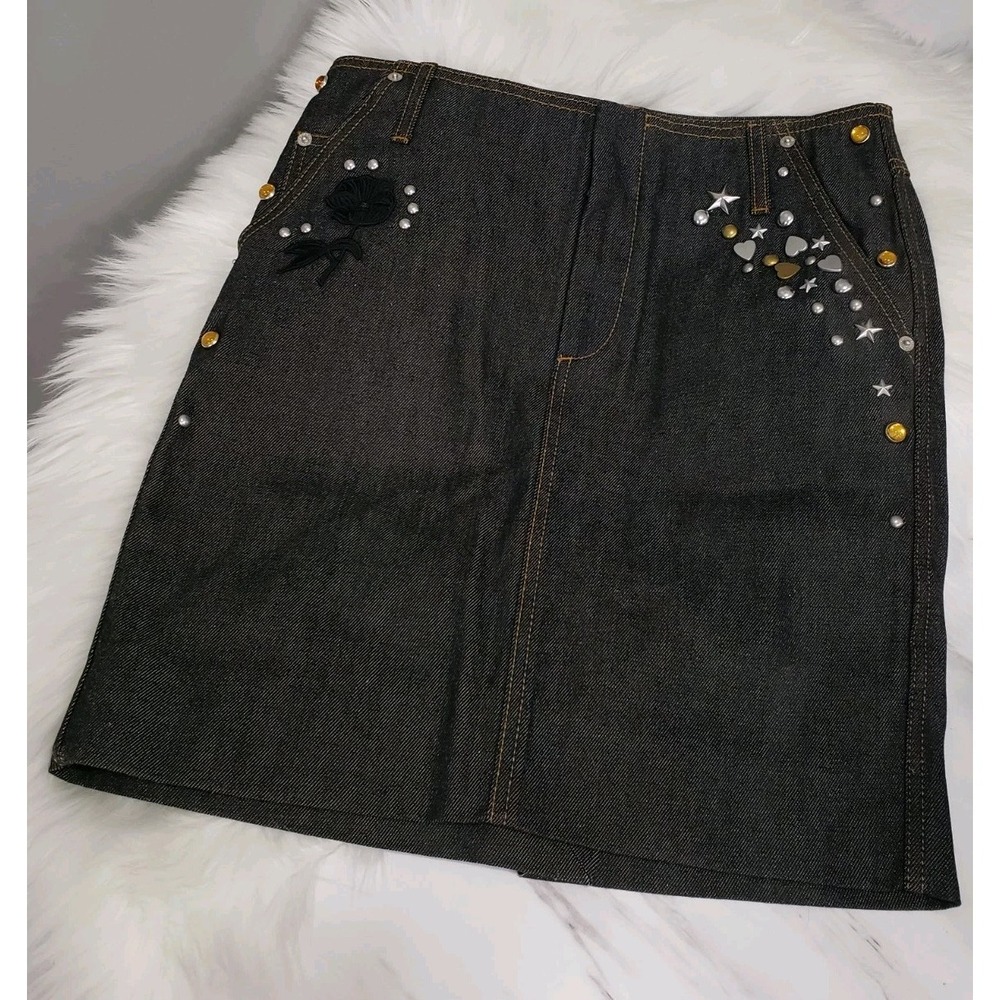 NEW SZ 2 Coach Japanese Black Denim Skirt Italian Made Embellishments Embroidery